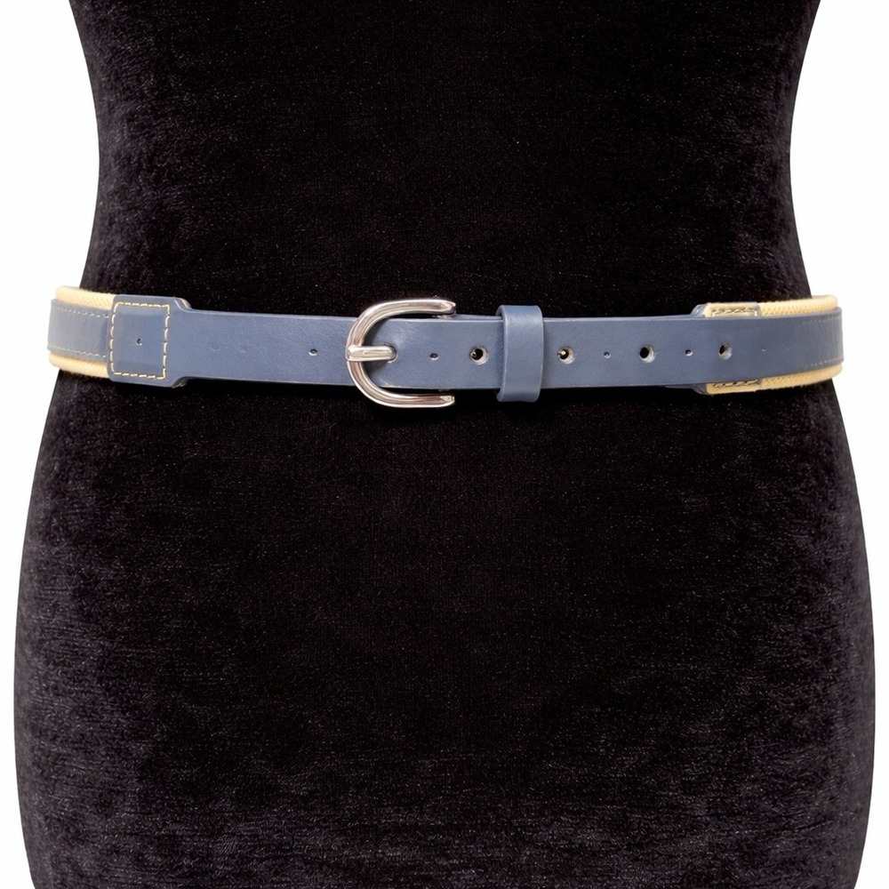 Lands' End Womens Waist Belt Size XL Ivory Woven Cotton Navy Blue Leather Trim